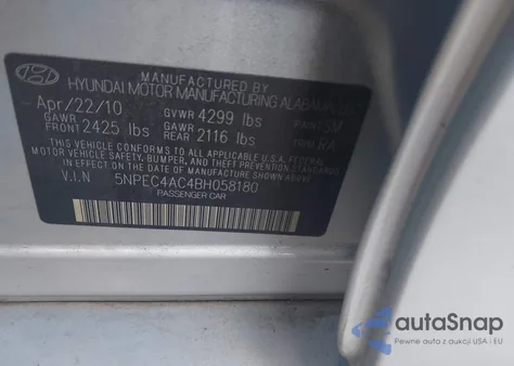 2011 Hyundai Sonata Se z USA, uszkodzony, nr VIN 5NPEC4AC4BH058180